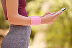 Phone, fitness and woman hands in park to search digital workout online, reading notification or social media. Closeup sports person, cellphone and connection of training, health data and running app