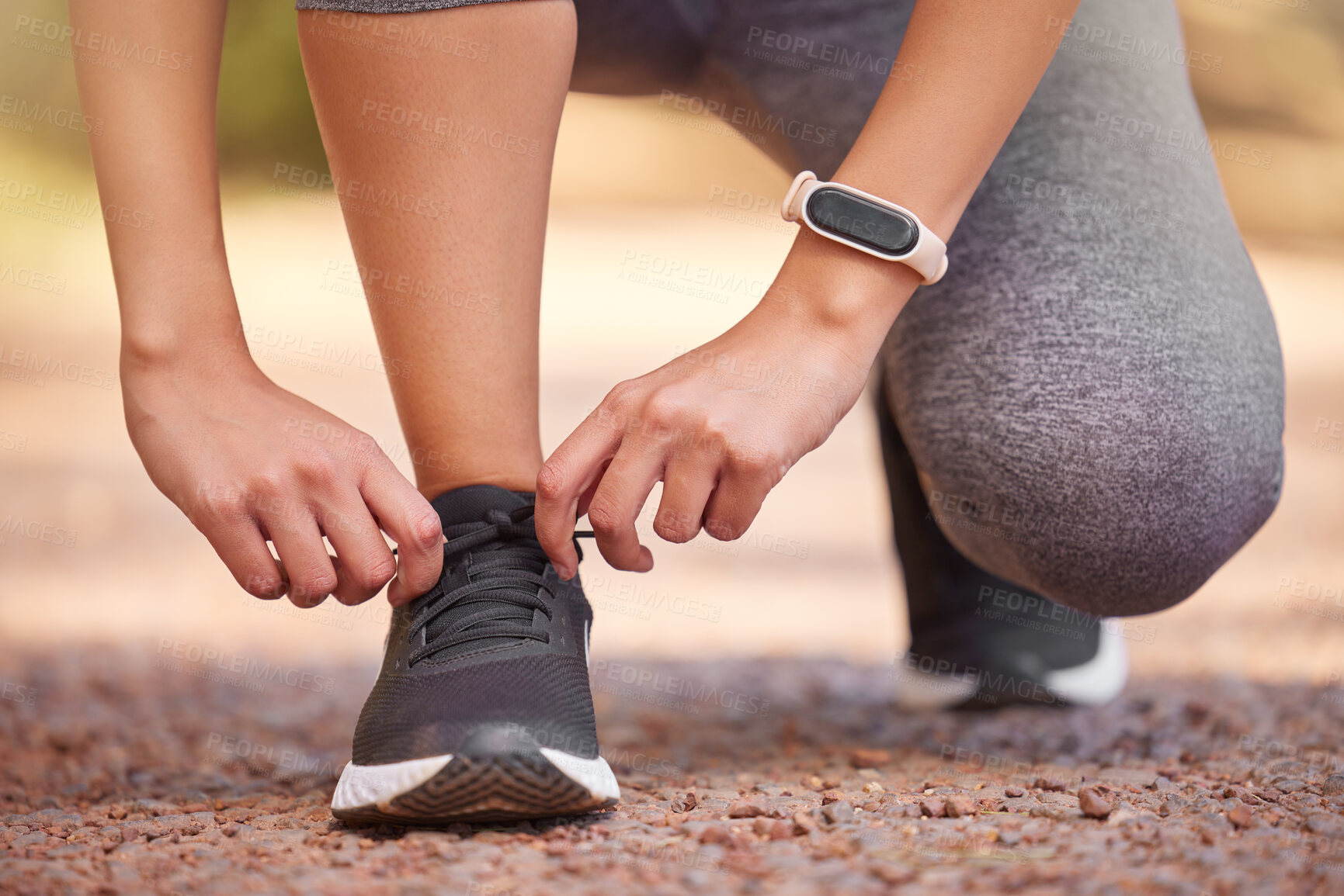 Buy stock photo Fitness, running and woman tie shoes on nature trail for workout, marathon training and exercise outdoors. Sports, motivation and hands of girl with lace of sneakers for run, performance and cardio