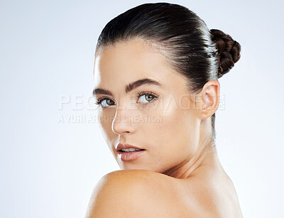 Buy stock photo Skincare, beauty and face of woman isolated in white background in natural cosmetics, young glow and makeup. Brazilian model or person portrait for dermatology results, facial or wellness in studio