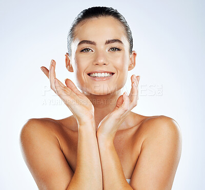 Buy stock photo Beauty, portrait and skincare for skin glow on a woman isolated against a studio white background. Cosmetic, facial and happy girl wellness model with natural smooth face smiling for dermatology