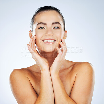 Buy stock photo Skincare, portrait and facial for skin glow on a woman isolated against a studio white background. Cosmetic, beauty and happy girl wellness model with natural smooth face smiling for dermatology