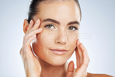 Buy stock photo Beauty woman and face zoom for skincare portrait with hydration, self care and natural glow of people. Dermatology, aesthetic and healthy skin of person on isolated gray studio background