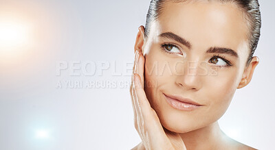 Buy stock photo Skincare, thinking and face of a woman with beauty isolated on a grey studio background. Flare, dermatology and young healthy model with facial wellness, collagen and body detox on mockup backdrop