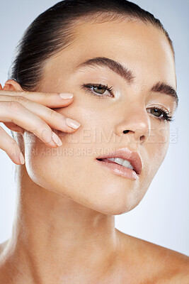 Buy stock photo Beauty, skincare and face of studio woman with natural makeup, facial healthcare glow and spa salon wellness. Dermatology, health and aesthetic model with results of microblading or cosmetics