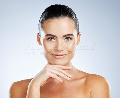 Buy stock photo Natural skincare and portrait  of girl with happy smile for hydration, self care and beauty glow of people. Dermatology, aesthetic and healthy skin of person on isolated gray studio background.