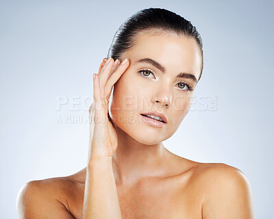 Buy stock photo Skincare, makeup and face of woman isolated in white background in natural cosmetics, young glow and beauty. Brazilian model or person portrait for dermatology results, facial and aesthetic in studio