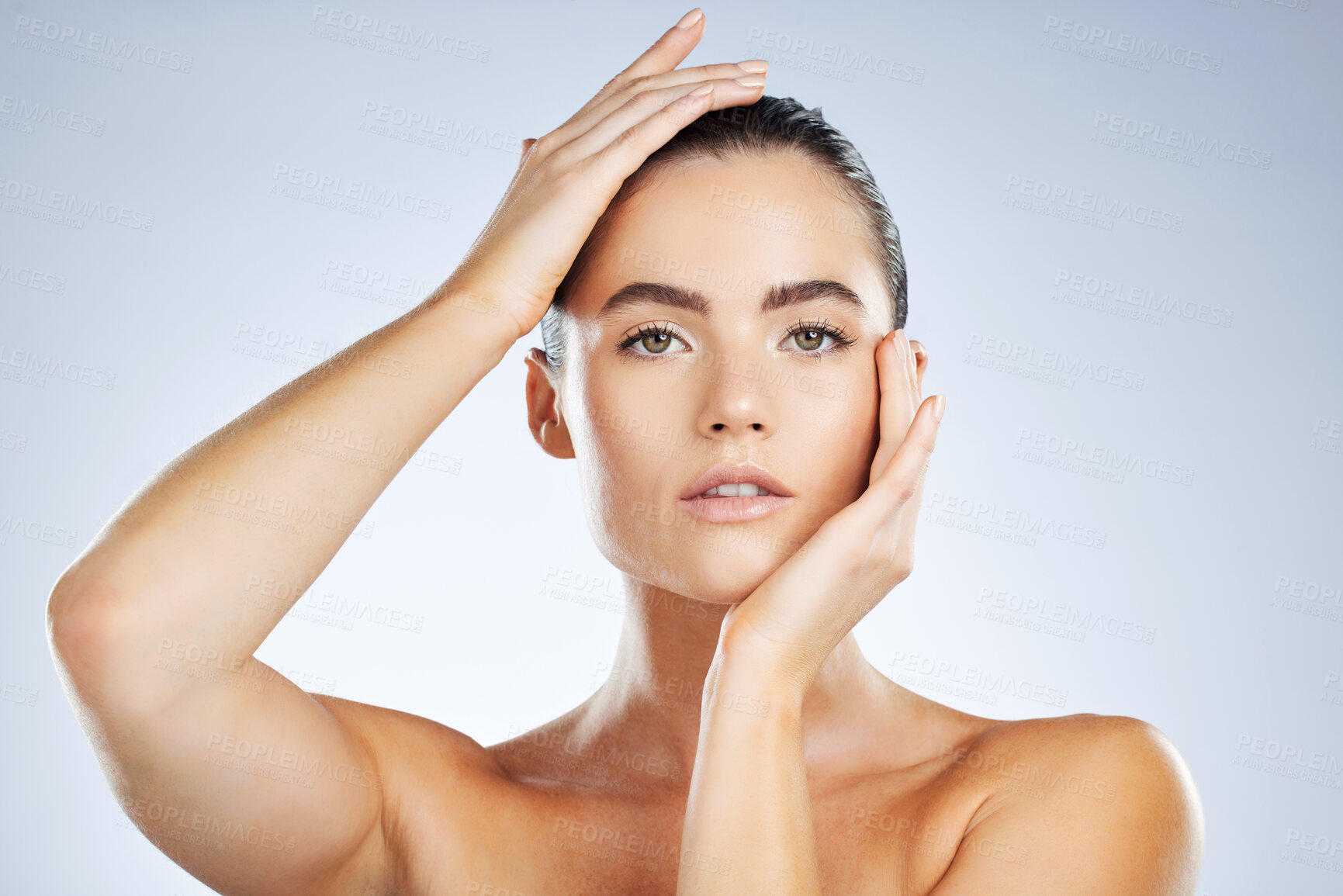 Buy stock photo Beauty, skincare cosmetics and portrait of a woman isolated on a grey studio background. Glow, clean and face of a spa dermatology model with facial health, hydration and wellness on a backdrop