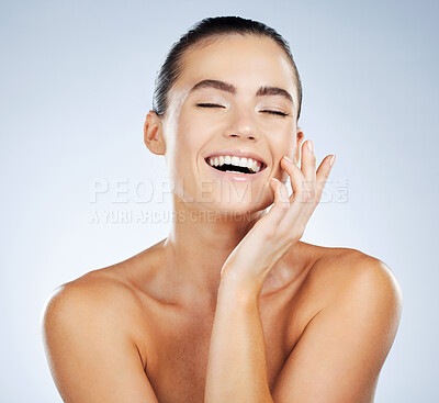 Buy stock photo Woman, happy and big smile with teeth for dental wellness, cosmetics oral care and luxury beauty glow. Model, facial happiness and skincare health or dentist veneers whitening in white background 