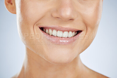 Buy stock photo Woman, mouth and smile woth teeth for dental wellness, cosmetics oral care and luxury beauty. Model, facial happiness and clean tooth healthcare or dentist veneers whitening in white background 