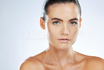 Buy stock photo Wellness, beauty and face portrait of woman on white background for cosmetics, makeup and facial treatment. Luxury spa, skincare and girl with mockup space for glowing skin, dermatology and self care