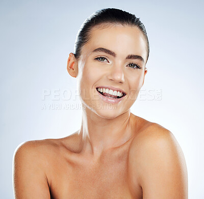 Buy stock photo Beauty, health and happy portrait of woman with natural cosmetics, healthy skincare glow or luxury self care. Dermatology, spa salon and aesthetic model girl with facial makeup, wellness and cleaning