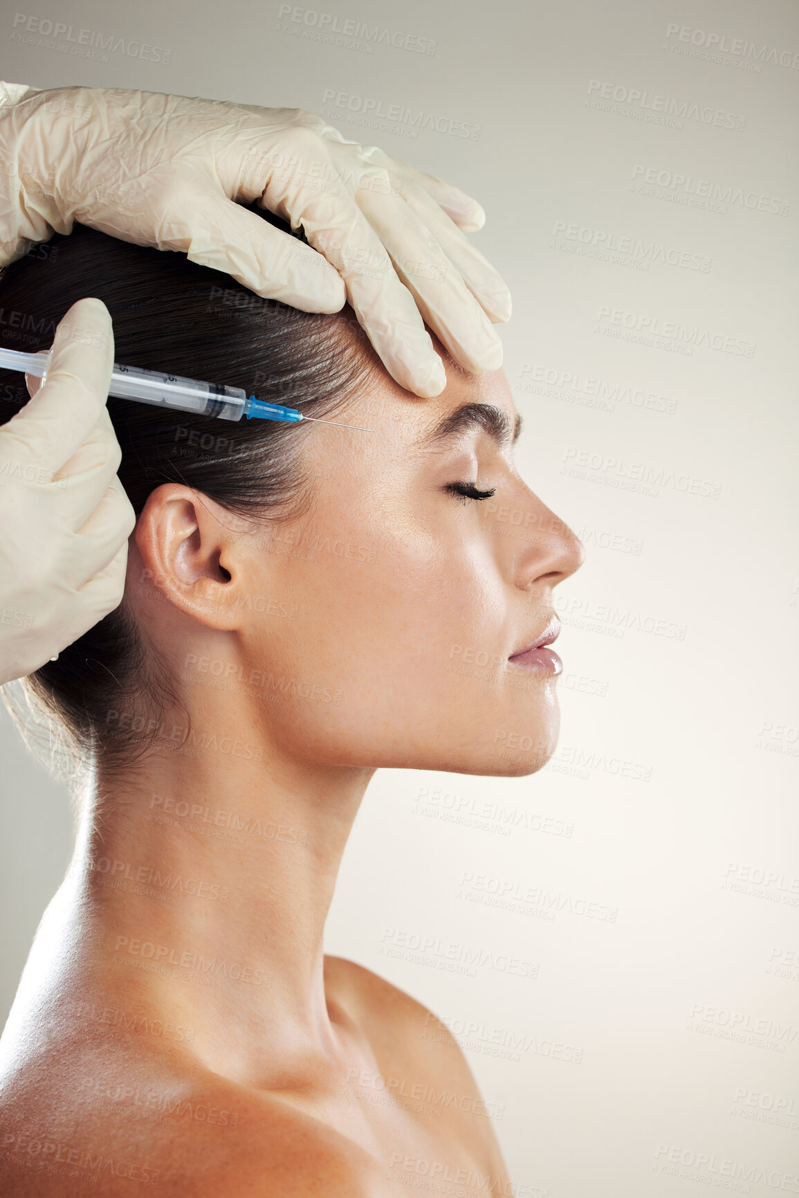 Buy stock photo Woman and plastic surgery for collagen injection with beauty dermatology cosmetics. Face profileof a skincare model person and needle in hands of doctor for cosmetic filler on facial skin lines