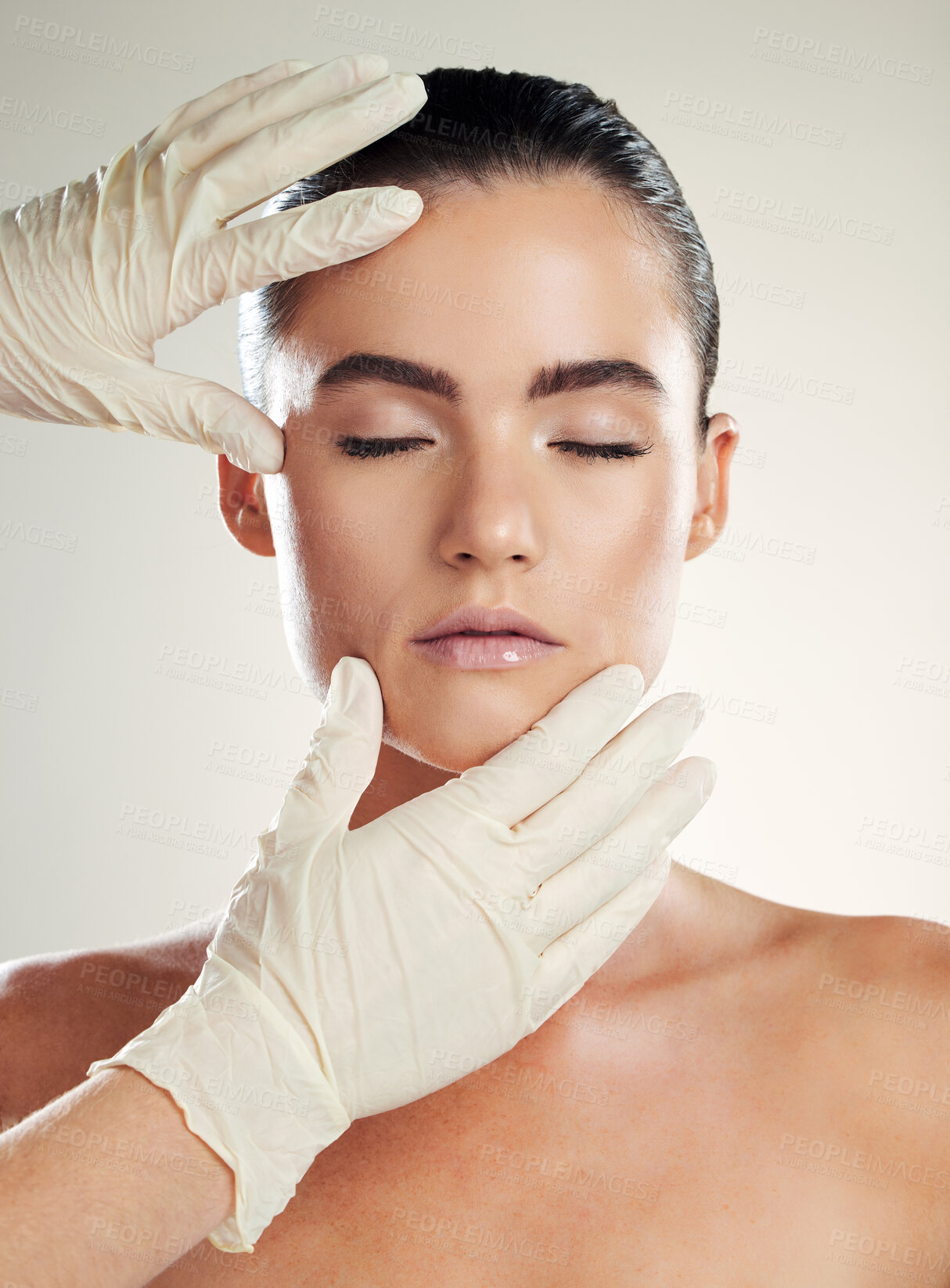 Buy stock photo Patient, beauty and plastic surgery with hands on woman face for dermatology collagen cosmetics. Headshot of skincare model person with cosmetologist gloves for cosmetic filler for facial skin lines