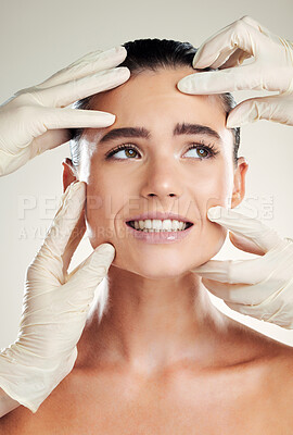 Beauty, botox and filler on face of woman with collagen dermatology cosmetics. Headshot of a skincare model person with professional hands for plastic surgery or medical procedure on facial skin