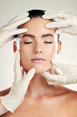 Skincare, plastic surgery and facial filler on woman with dermatology collagen cosmetics. Headshot of a beauty model person with professional hands for botox or medical procedure on face skin