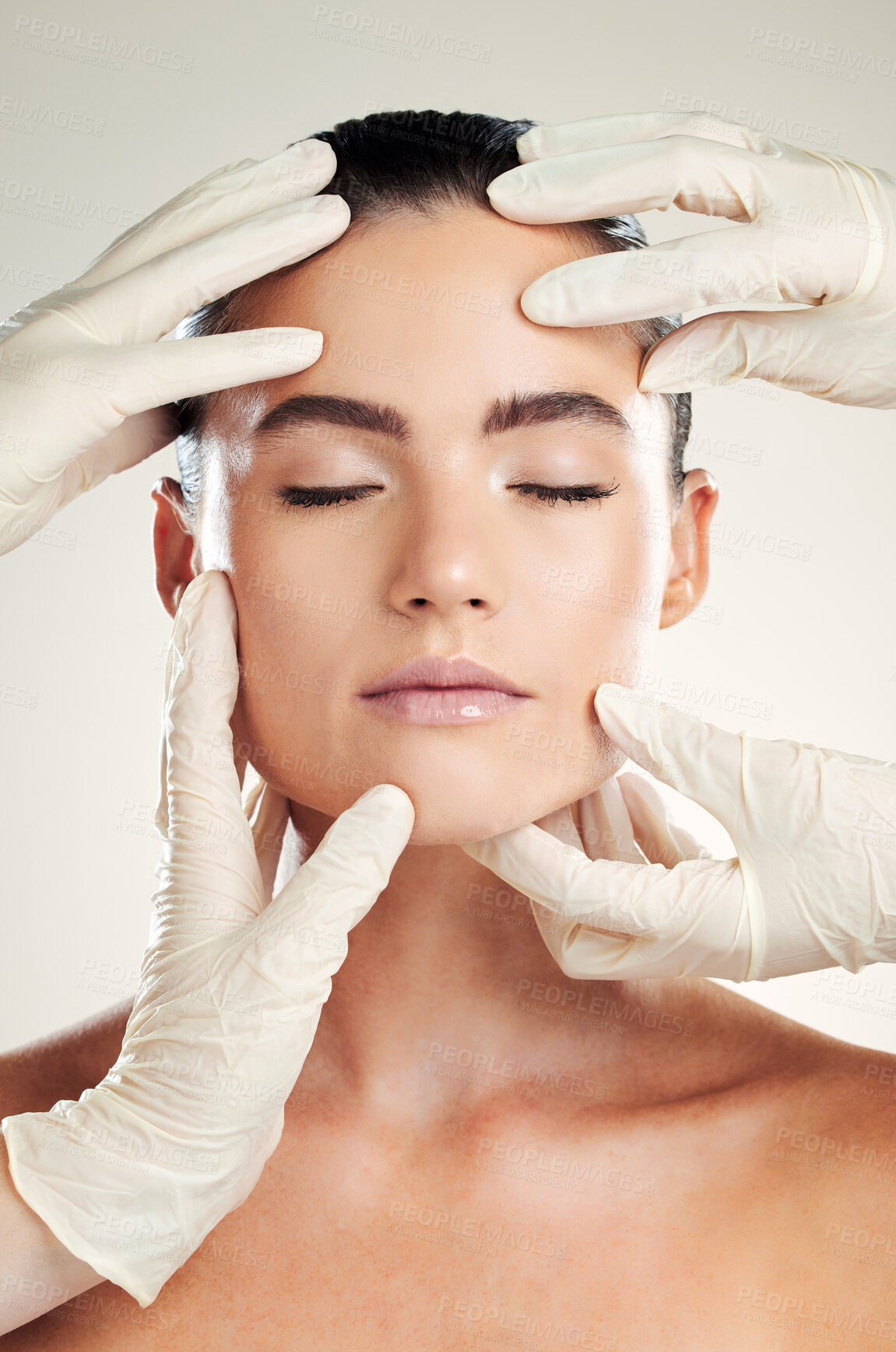 Buy stock photo Skincare, plastic surgery and facial filler on woman with dermatology collagen cosmetics. Headshot of a beauty model person with professional hands for medical procedure on face skin