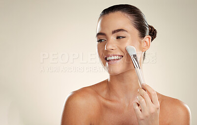 Buy stock photo Happy woman, face and makeup brush with smile in beauty mockup, skincare with cosmetics isolated on studio background. Happiness, glow and cosmetic tools, healthy skin and wellness with microblading