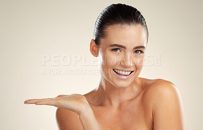 Buy stock photo Skincare, beauty and hand of woman portrait with space for mockup product placement in studio. Aesthetic model advertising makeup, facial cosmetics and dermatology for skin with spa promotion deal

