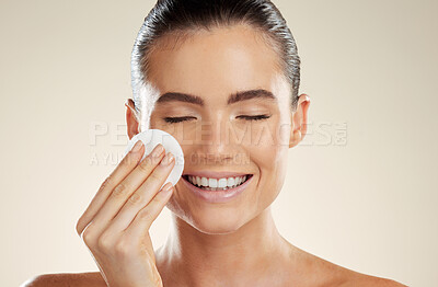 Buy stock photo Beauty, skincare and face of woman with cotton for cleaning skin with natural dermatology product. Aesthetic model person happy about makeup remover, facial cosmetics and detox for self care results