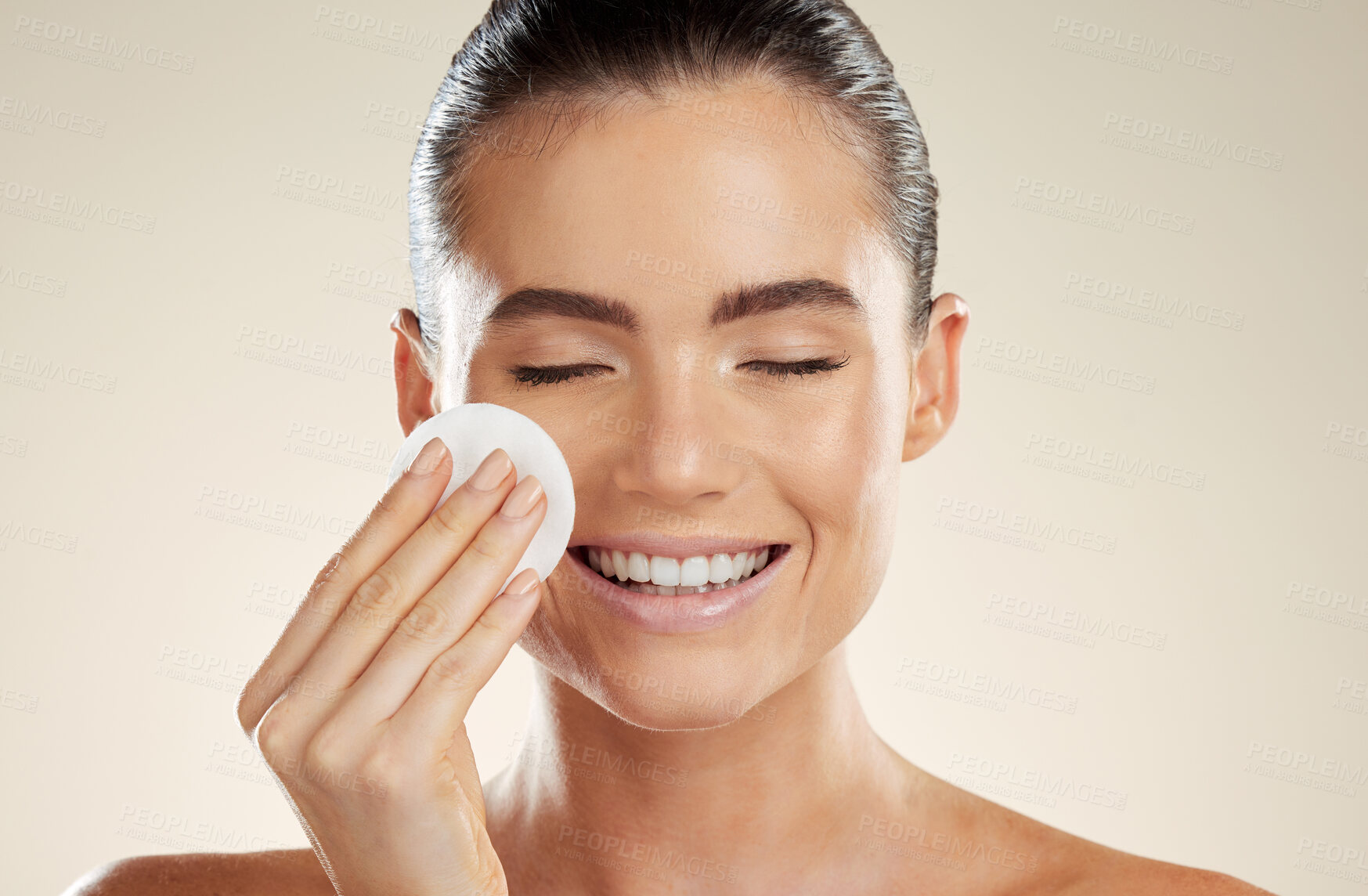 Buy stock photo Beauty, skincare and face of woman with cotton for cleaning skin with natural dermatology product. Aesthetic model person happy about makeup remover, facial cosmetics and detox for self care results