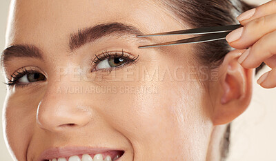 Buy stock photo Face, beauty and woman portrait with tweezer for eyebrow cleaning or hair removal in studio. Happy aesthetic model with a smile for facial, cosmetic tools and clean skin for self care routine
