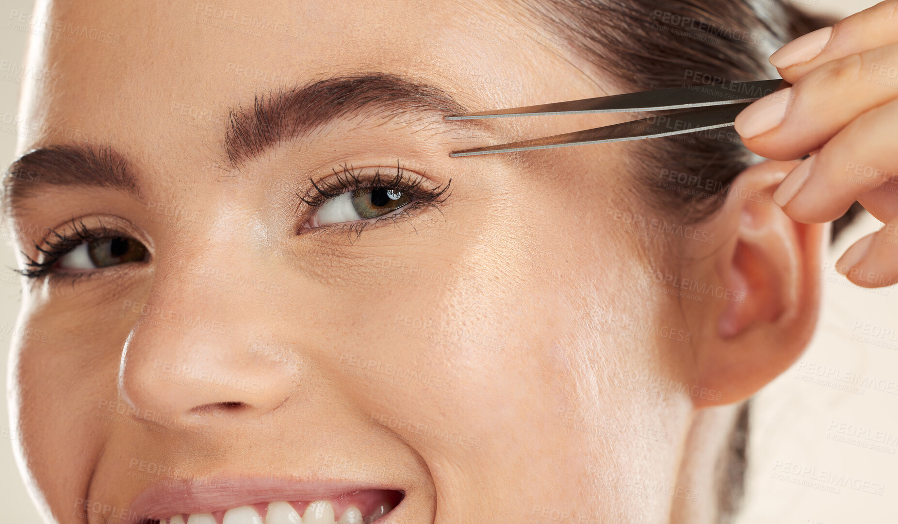 Buy stock photo Face, beauty and woman portrait with tweezer for eyebrow cleaning or hair removal in studio. Happy aesthetic model with a smile for facial, cosmetic tools and clean skin for self care routine
