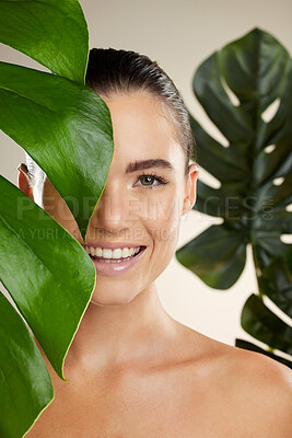 Buy stock photo Woman, beauty and skincare portrait with plant for natural skin dermatology or cosmetic product. Happy face aesthetic model in studio for sustainable self care with green leaf for health and wellness