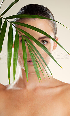Buy stock photo Woman, face and natural beauty with leaf for skincare, cosmetics or healthy facial treatment. Portrait of beautiful female with organic plant, leafs or satisfaction for self love, self care or skin