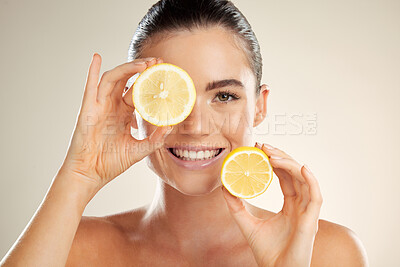 Buy stock photo Skincare, face portrait and happy woman with lemon for natural fruit detox, health wellness or facial beauty glow. Spa salon, dermatology healthcare and nutritionist model with vitamin c food product