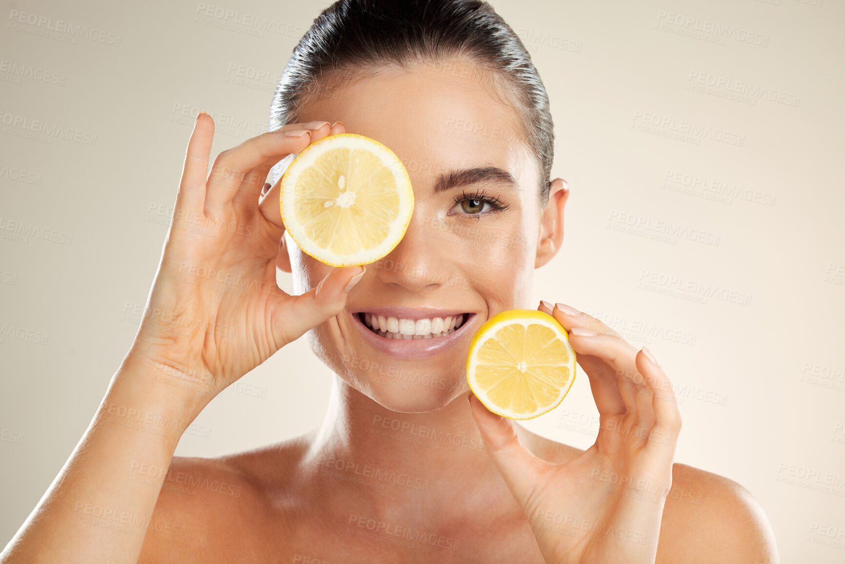 Buy stock photo Skincare, face portrait and happy woman with lemon for natural fruit detox, health wellness or facial beauty glow. Spa salon, dermatology healthcare and nutritionist model with vitamin c food product