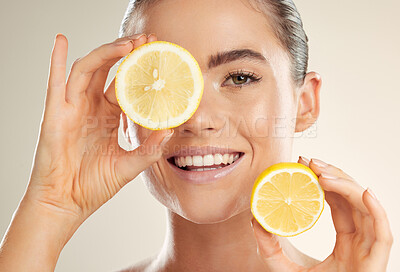 Buy stock photo Beauty, face portrait and happy woman with lemon for natural fruit detox, health wellness or facial skincare glow. Spa salon, dermatology healthcare and nutritionist model with vitamin c food product