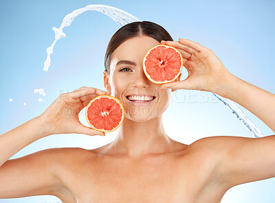 Buy stock photo Beauty, water and portrait of happy woman with grapefruit for fruit detox, health wellness or natural facial skincare. Spa salon, cleaning and nutritionist model with food product for vitamin c glow