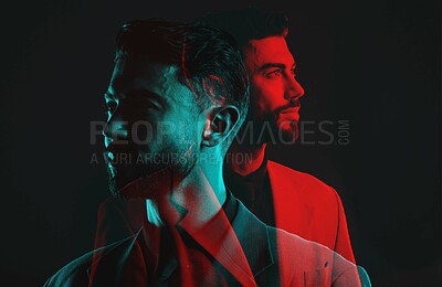 Buy stock photo Fashion, double exposure and face of man with neon lighting in vintage clothes, elegant and classy suit. Creative aesthetic, shadow and male model with luxury, designer and stylish clothes in studio