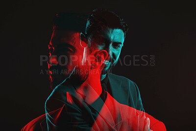 Buy stock photo Fashion, double exposure and portrait of man with neon lighting in vintage clothes, elegant and classy suit. Creative, aesthetic and face of male with luxury, designer and stylish clothes in studio