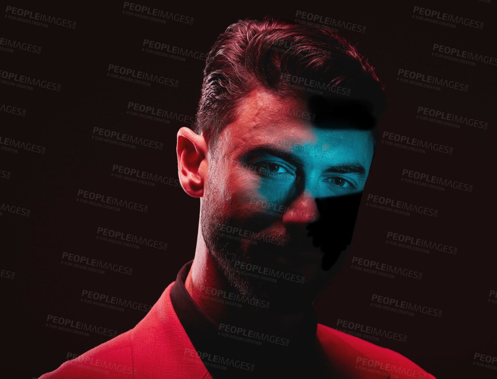 Buy stock photo Art, neon and creative portrait of man with light reflection in eyes on serious face with self expression. Futuristic fashion, male model and beauty with red and blue studio lights on dark background