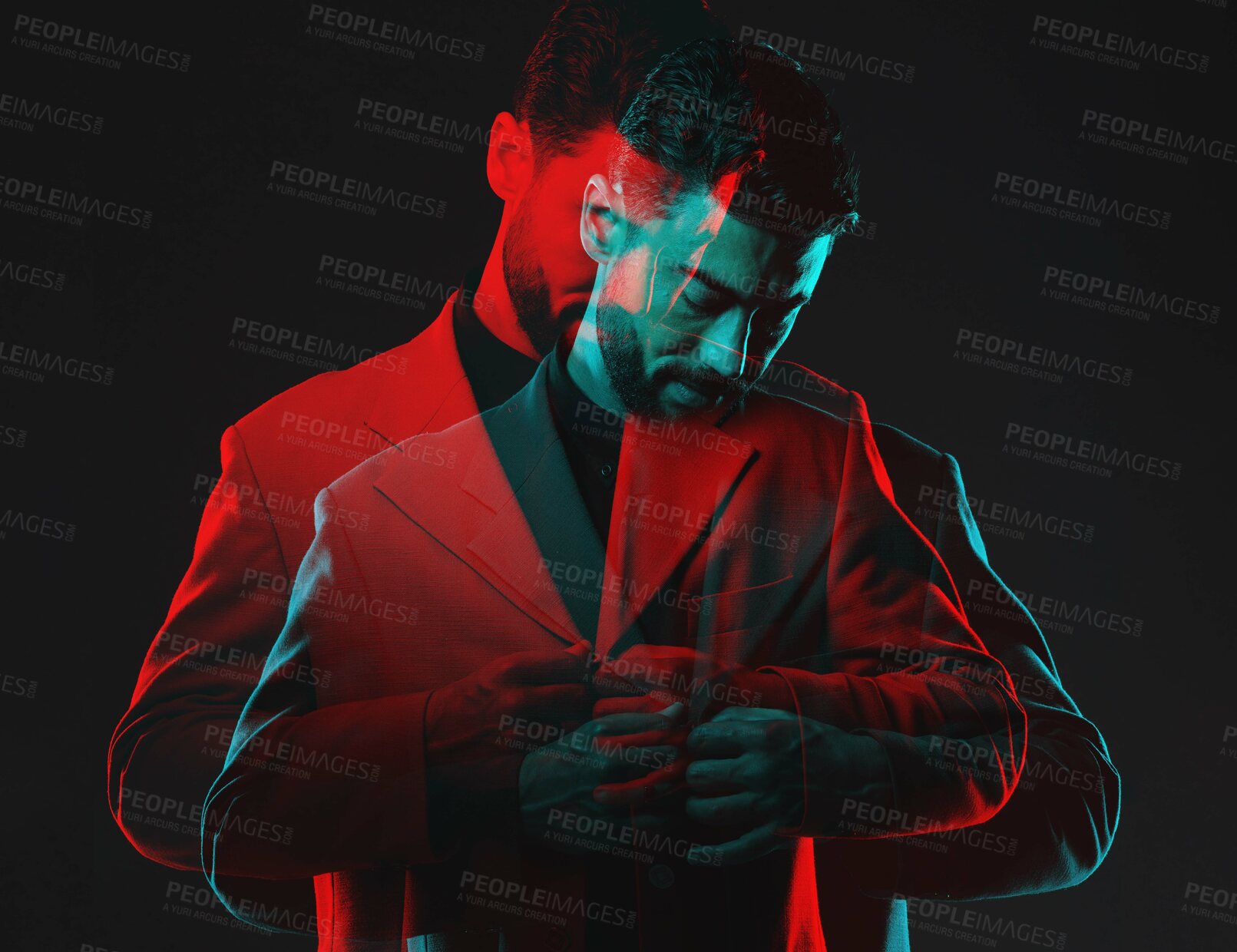 Buy stock photo Double exposure, fashion and man on black background in vintage clothes, elegant and classy suit. Creative aesthetic, red shadow and male model with luxury, designer and stylish clothes in studio