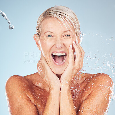 Buy stock photo Shower, face and old woman excited with water, skin cleaning and antiaging skincare with elderly model isolated on studio background. Beauty, senior cosmetic care and facial portrait, wow and hygiene