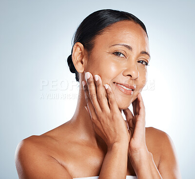 Buy stock photo Face, elderly woman and content in portrait with healthy skin and antiaging skincare isolated on grey background. Hands, nails and manicure, natural cosmetic care and beauty in studio with mockup