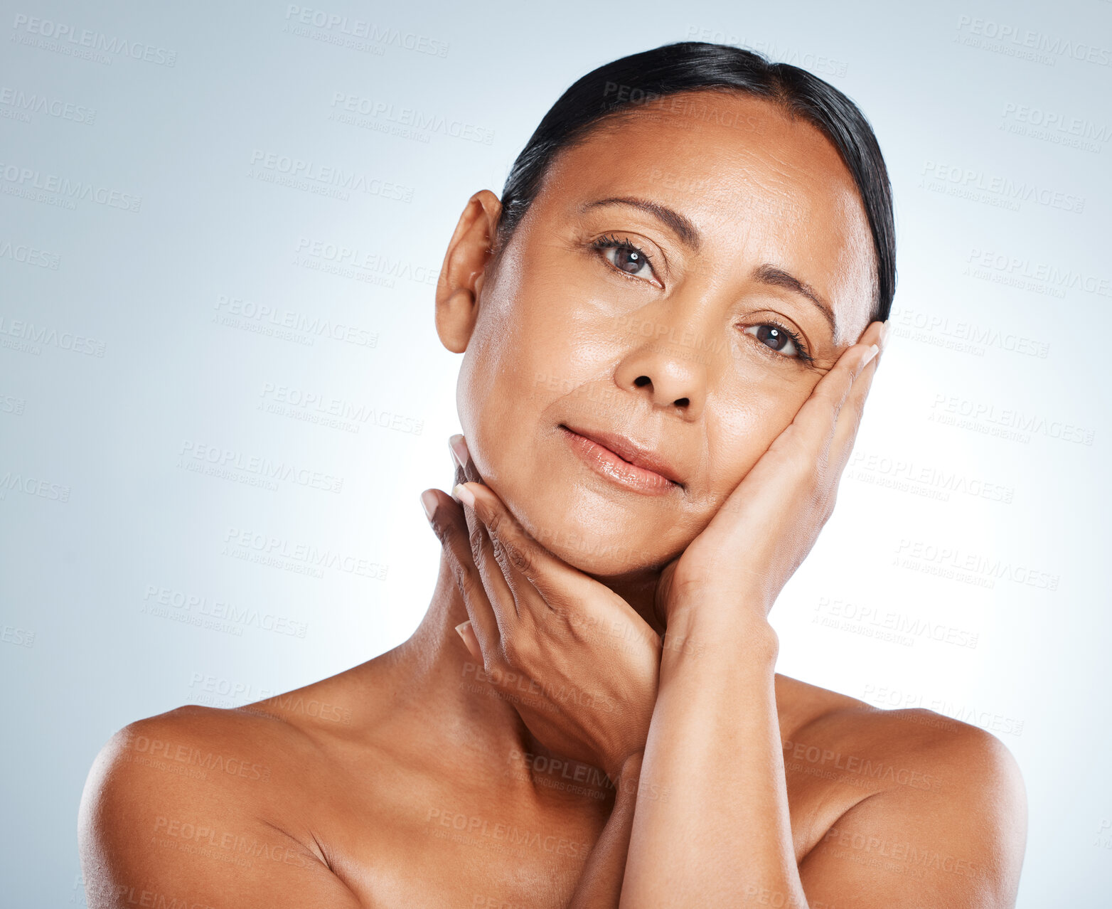 Buy stock photo Skincare, health and face of black woman senior portrait with hydrated glow and body care of people in studio. Wellness, aesthetic and treatment of mature person on isolated gray background.

