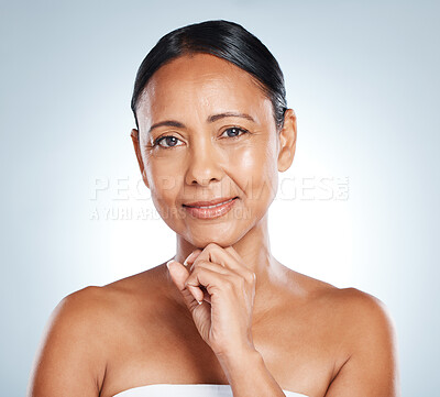 Buy stock photo Senior woman, face and portrait with smile in beauty mockup, skincare for anti aging isolated on studio background. Dermatology, botox and healthy skin with facial wellness and cosmetic care
