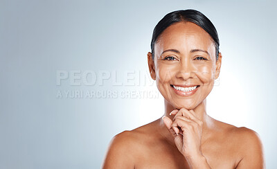 Buy stock photo Mockup, smile and face with elderly woman in beauty portrait and antiaging skincare isolated on studio background. Dermatology, natural cosmetics and healthy skin, facial wellness with cosmetic care