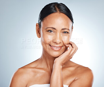Buy stock photo Senior happy woman, face and portrait with smile in beauty mockup, skincare for anti aging isolated on studio background. Dermatology, healthy skin and facial treatment, wellness and cosmetic care