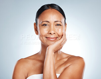 Buy stock photo Elderly woman, face and portrait with smile in beauty mockup, skincare for anti aging isolated on studio background. Dermatology, botox and healthy skin with facial wellness and cosmetic care