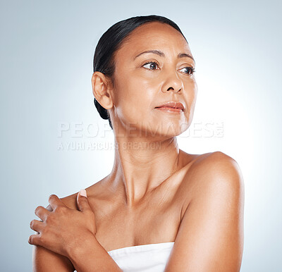 Buy stock photo Thinking, skincare and senior black woman in studio with healthy glow and body care of people. Wellness, aesthetic and dermatology treatment of mature person on isolated gray background.

