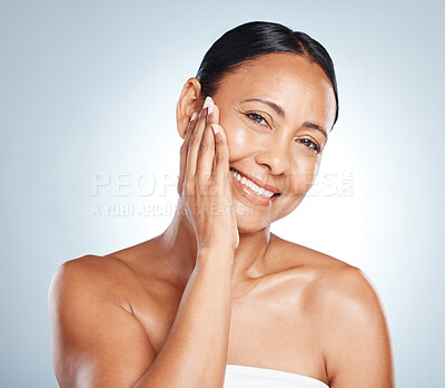 Buy stock photo Face, senior woman and smile in portrait with healthy skin and antiaging skincare isolated on gradient background. Hands, nails and manicure, natural cosmetic care and beauty in studio with mockup