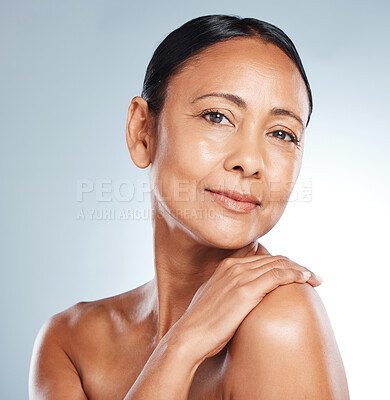 Buy stock photo Face, mature woman and content in portrait with healthy skin and antiaging skincare isolated on gradient background. Natural cosmetics, wellness and beauty in studio with clean organic cosmetic care