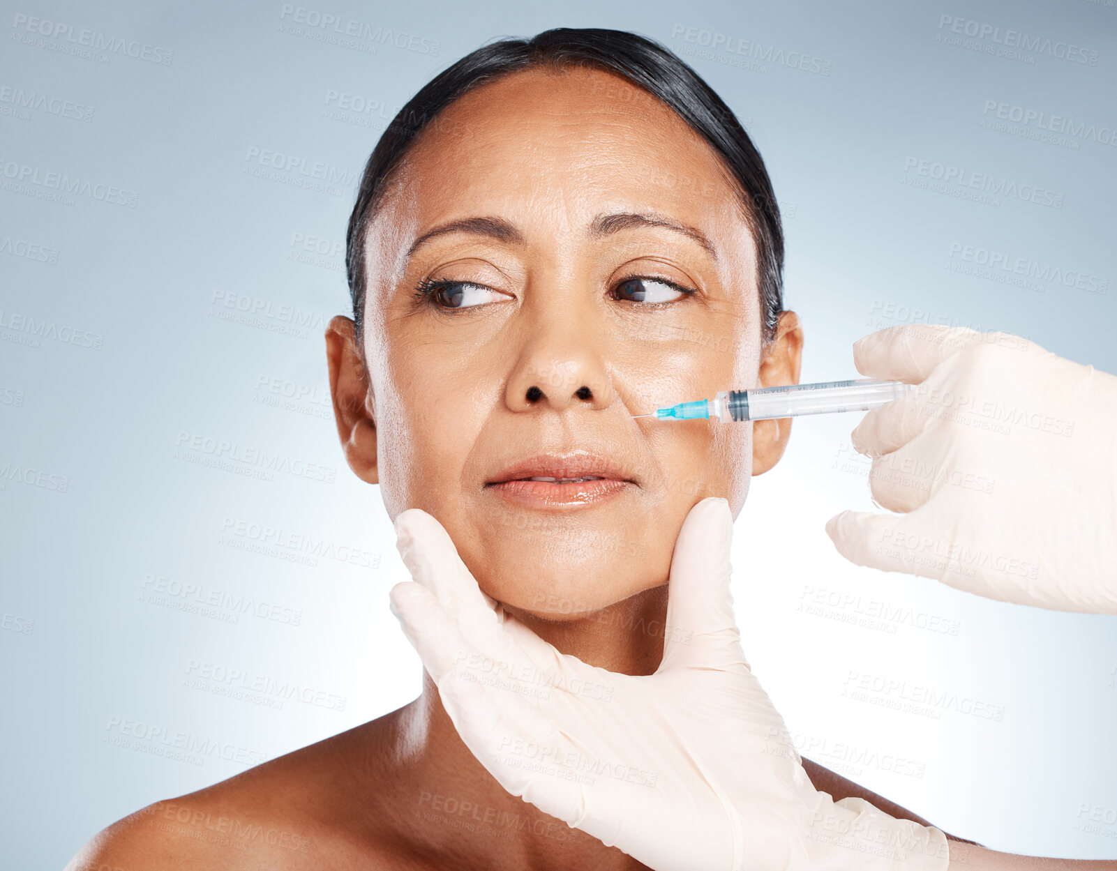 Buy stock photo Syringe, woman face and plastic surgery with botox for skincare, collagen and medical beauty. Cosmetics, facial injection and botox aesthetic, liposuction and body transformation on studio background