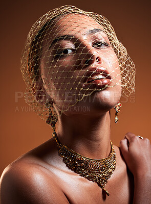 Buy stock photo Beauty, fashion and veil with portrait of woman for gold, jewellery and vintage luxury. Cosmetics, retro and glamour with net on face of girl model for fancy, graceful and accessory in studio