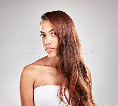 Buy stock photo Face, woman and hair in portrait, beauty and hair care, skin glow and shine isolated on studio background. Hairstyle, cosmetic skincare and mockup with wellness, keratin treatment and styling