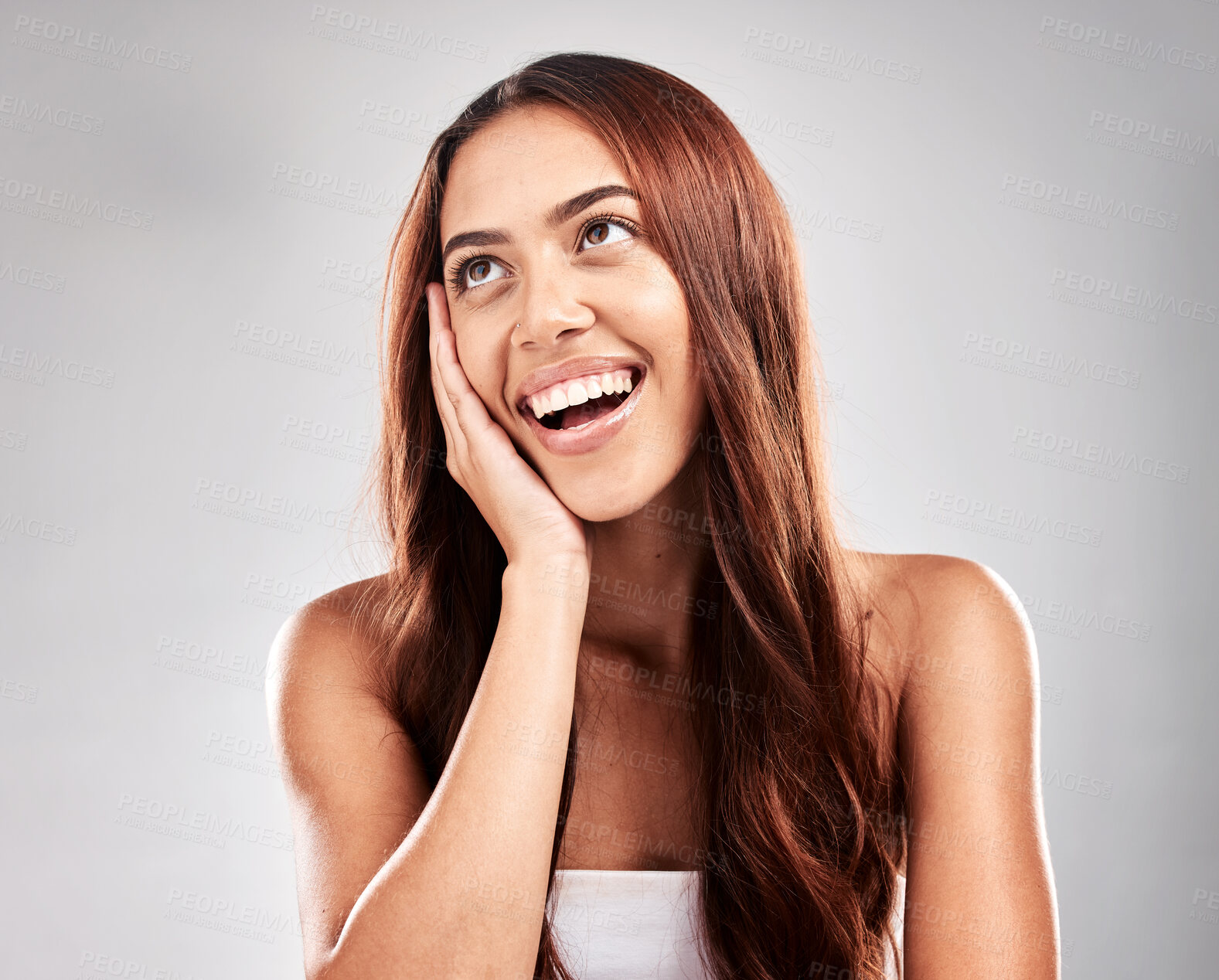 Buy stock photo Hair, thinking and woman in studio for beauty, grooming and salon treatment on grey background. Smile, haircare and model relax with luxury, hair care and shine, keratin and contemplating isolated